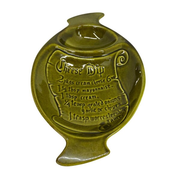 VTG Calif USA S-5 Avocado Green Cheese Dip Recipe Bowl & Cracker Tray 13.5" MCM - Picture 1 of 6